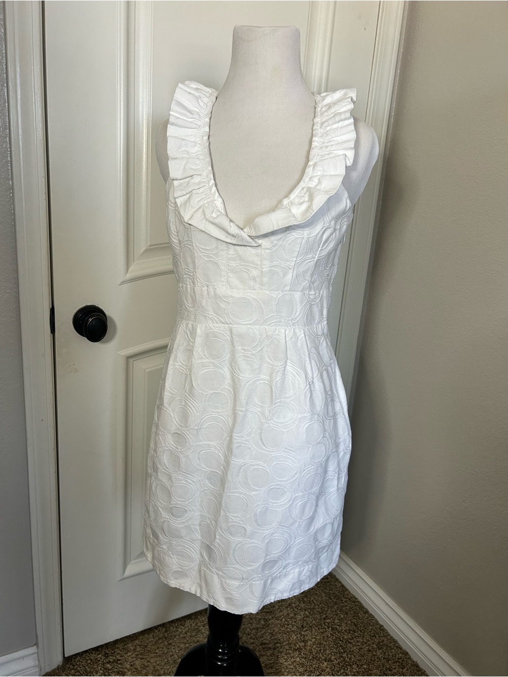 karin stevens White Ruffled V-Neck Textured Mini Dress